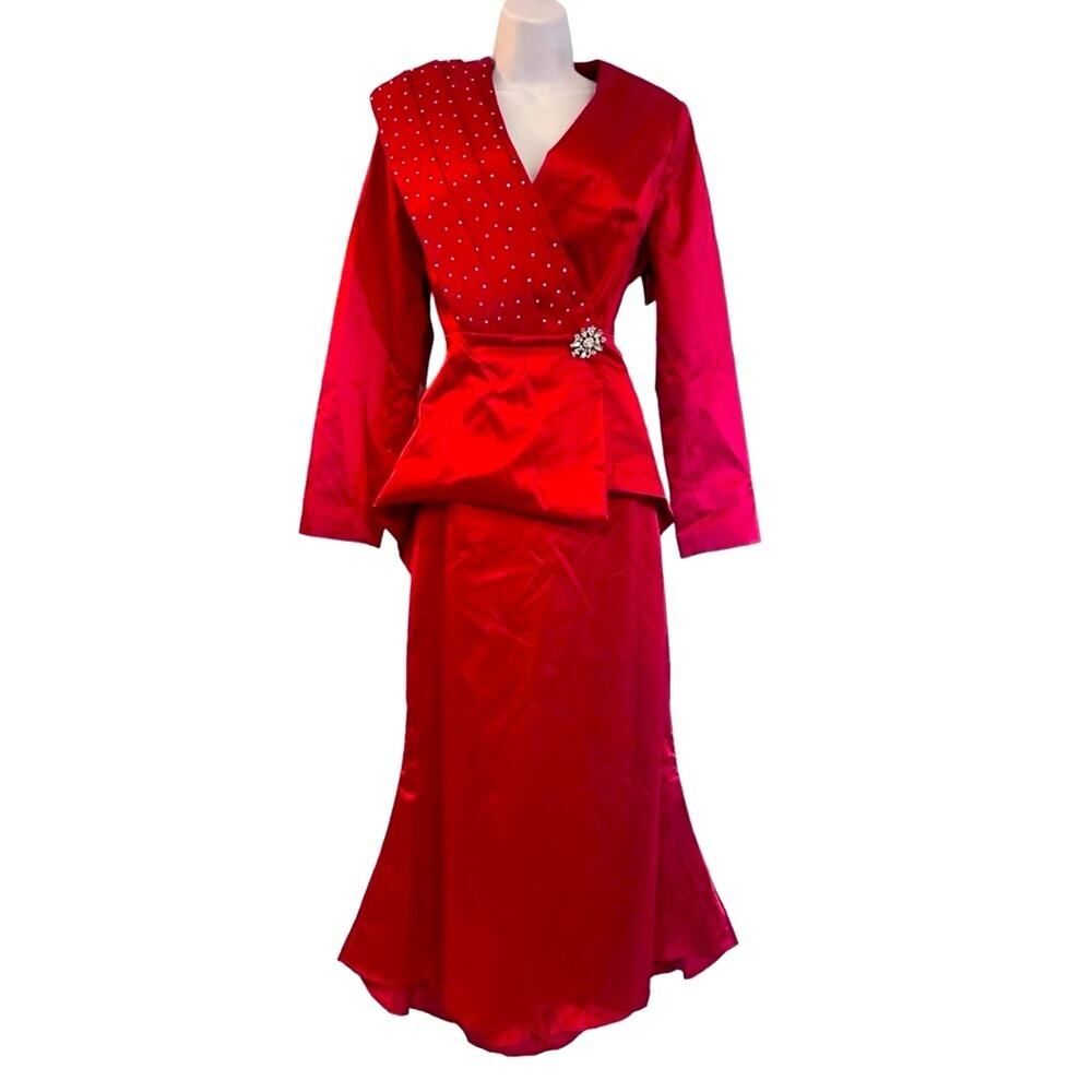 ASHRO Skirt Set Satin Peplum Retro Romantic Rhinestone Formal Red Wedding Suit